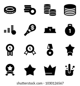 Solid vector icon set - coin vector, money torch, pedestal, gold medal, star, crown, casting of steel