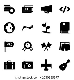 Solid vector icon set - coin vector, credit card, loudspeaker, tag code, globe, chart point arrow, sproute, book, ipo, gold medal, flags cross, swimsuit, suitcase, photo, milling cutter, guitar