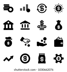 Solid vector icon set - coin vector, dollar exchange, sun, bank, money bag, investment, cash pay, wallet, growth arrow, managemet