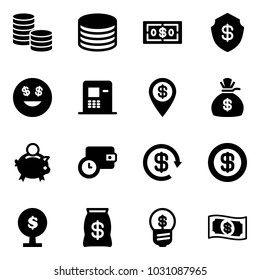 Solid vector icon set - coin vector, dollar, safe, smile, atm, pin, money bag, piggy bank, wallet time, reload, tree, business idea