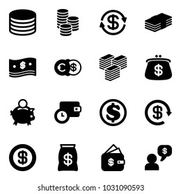 Solid vector icon set - coin vector, dollar exchange, cash, euro, big, purse, piggy bank, wallet time, reload, money bag, finance management, dialog