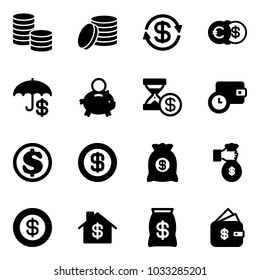 Solid vector icon set - coin vector, dollar exchange, euro, insurance, piggy bank, account history, wallet time, money bag, rich, home, finance management