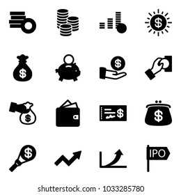 Solid vector icon set - coin vector, dollar sun, money bag, piggy bank, investment, cash pay, encashment, wallet, check, purse, torch, growth arrow, ipo