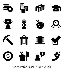 Solid vector icon set - coin vector, dollar, graduate hat, cup, award, moon flag, gold medal, rock axe, pennant, doors, check, speaker, money dialog, flying man