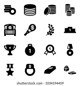Solid vector icon set - coin vector, money chest, torch, golden branch, pedestal, gold cup, medal, star, finger ring, constructor blocks