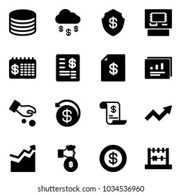 Solid vector icon set - coin vector, money rain, safe, atm, finance calendar, account statement, statistics report, investment, back, history, growth arrow, rich, dollar, abacus