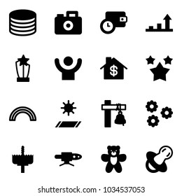 Solid vector icon set - coin vector, camera, wallet time, growth arrow, award, success, home dollar, stars, rainbow, mat, ship bell, flower, crown drill, pipe welding, bear toy, soother