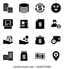 Solid vector icon set - coin vector, dollar exchange, smile, atm, account statement, investment, cash pay, purse, wallet time, building, money bag, map pin