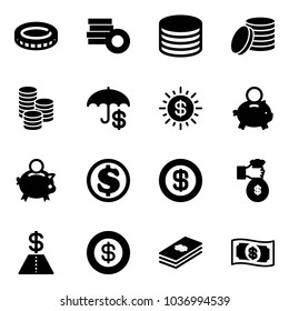 Solid vector icon set - coin vector, insurance, dollar sun, piggy bank, rich, money
