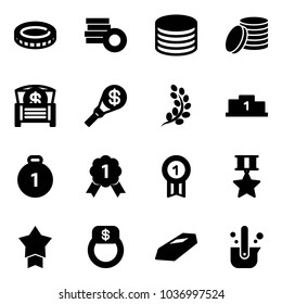 Solid vector icon set - coin vector, money chest, torch, golden branch, pedestal, gold medal, star, finger ring, casting of steel
