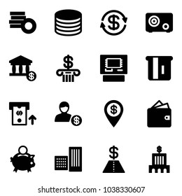 Solid vector icon set - coin vector, dollar exchange, safe, account, bank, atm, pin, wallet, piggy, building