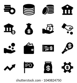 Solid vector icon set - coin vector, bank, account, money bag, investment, cash pay, wallet, check, torch, growth arrow, ipo, managemet