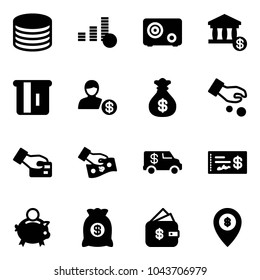 Solid vector icon set - coin vector, safe, account, atm, money bag, investment, card pay, cash, encashment car, check, piggy bank, finance management, map pin