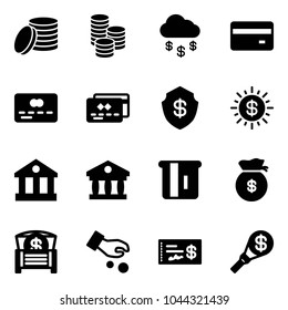 Solid vector icon set - coin vector, money rain, credit card, safe, dollar sun, bank, atm, bag, chest, investment, check, torch