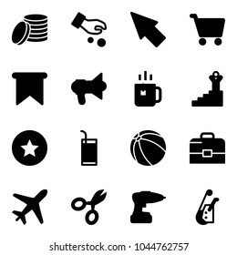 Solid vector icon set - coin vector, investment, cursor, cart, flag, megaphone, green tea, success, star medal, drink, ball, case, plane, scissors, drill, winch