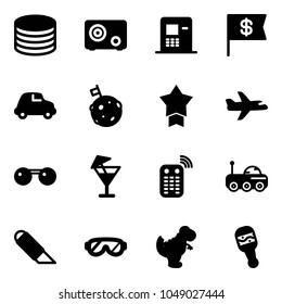 Solid vector icon set - coin vector, safe, atm, dollar flag, car, moon, star medal, plane, sunglasses, drink, remote control, rover, work knife, protective glasses, dinosaur toy, beanbag