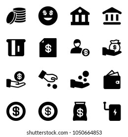 Solid vector icon set - coin vector, dollar smile, bank, atm, account statement, investment, cash pay, wallet, money bag, power