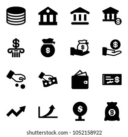 Solid vector icon set - coin vector, bank, account, money bag, investment, cash pay, wallet, check, growth arrow, tree