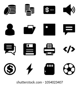Solid vector icon set - coin vector, credit card, volume medium, user, folder, chat, save, printer, tag code, dollar, lightning, micro flash, soccer ball
