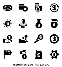 Solid vector icon set - coin vector, dollar exchange, sun, bank, money bag, investment, cash pay, torch, ipo, rich, managemet
