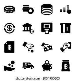 Solid vector icon set - coin vector, dollar exchange, account, atm, statement, investment, cash pay, encashment car, piggy bank, money bag