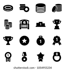 Solid vector icon set - coin vector, money chest, pedestal, win cup, gold, star medal, finger ring