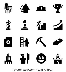 Solid vector icon set - coin vector, arrow up, pedestal, gold cup, award, pawn, career, rise, certificate, opportunity, rock axe, bank building, speaker, money smile, sand fort