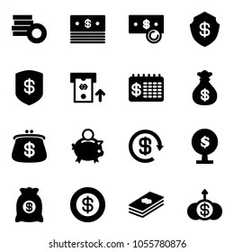 Solid vector icon set - coin vector, dollar, cash, safe, atm, finance calendar, money bag, purse, piggy bank, reload, tree, growth