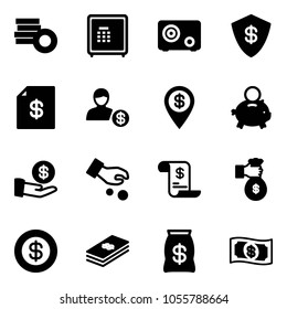 Solid vector icon set - coin vector, safe, account statement, dollar pin, piggy bank, investment, history, rich, money bag