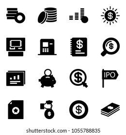 Solid vector icon set - coin vector, dollar sun, atm, annual report, money search, statistics, piggy bank, click, ipo, certificate, rich