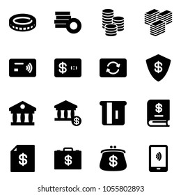 Solid vector icon set - coin vector, big cash, tap pay, credit card, exchange, safe, bank, account, atm, annual report, statement, money case, purse, mobile payment