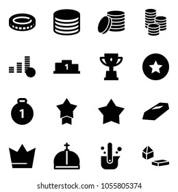 Solid vector icon set - coin vector, pedestal, win cup, star medal, gold, crown, casting of steel, constructor blocks