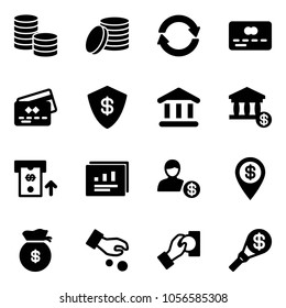 Solid vector icon set - coin vector, exchange, credit card, safe, bank, account, atm, statistics report, dollar pin, money bag, investment, cash pay, torch