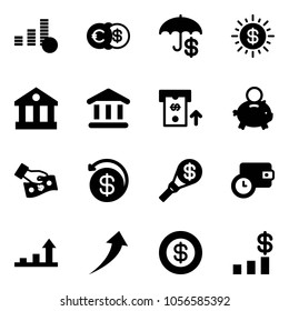 Solid vector icon set - coin vector, euro dollar, insurance, sun, bank, atm, piggy, cash pay, money back, torch, wallet time, growth arrow, chart