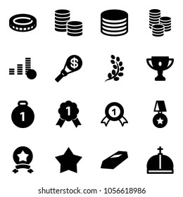 Solid vector icon set - coin vector, money torch, golden branch, gold cup, medal, star, crown