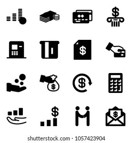 Solid vector icon set - coin vector, cash, credit card, bank, atm, account statement, pay, encashment, dollar reload, calculator, growth, chart, agreement, mail
