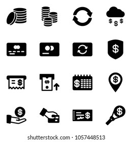Solid vector icon set - coin vector, exchange, money rain, credit card, safe, receipt, atm, finance calendar, dollar pin, investment, pay, check, torch