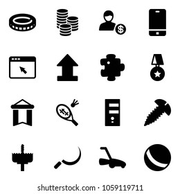 Solid vector icon set - coin vector, account, phone, cursor browser, uplooad, puzzle, star medal, pennant, badminton, server, screw, crown drill, sickle, lawn mower, ball