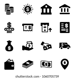 Solid vector icon set - coin vector, dollar sun, bank, receipt, atm, account statement, money bag, investment, cash pay, encashment car, wallet, map pin