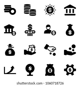 Solid vector icon set - coin vector, dollar sun, bank, account, money bag, investment, cash pay, growth arrow, tree, managemet