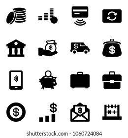 Solid vector icon set - coin vector, tap pay, card exchange, bank, investment, encashment car, purse, mobile payment, piggy, case, portfolio, dollar, chart, mail, abacus