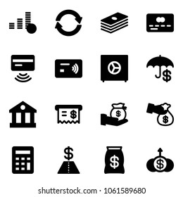 Solid vector icon set - coin vector, exchange, dollar, credit card, tap pay, safe, insurance, bank, receipt, investment, encashment, calculator, money bag, growth