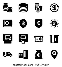 Solid vector icon set - coin vector, dollar exchange, safe, sun, atm, receipt, encashment car, building, money bag, map pin