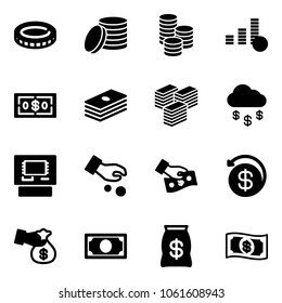 Solid vector icon set - coin vector, dollar, big cash, money rain, atm, investment, pay, back, encashment, bag