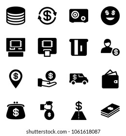 Solid vector icon set - coin vector, dollar exchange, safe, smile, atm, account, pin, investment, encashment car, wallet, purse, rich