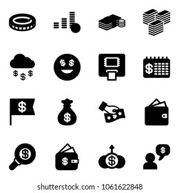 Solid vector icon set - coin vector, cash, big, money rain, dollar smile, atm, finance calendar, flag, bag, pay, wallet, search, management, growth, dialog