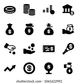 Solid vector icon set - coin vector, account, money bag, investment, cash pay, check, torch, growth arrow, dollar, tree, rich
