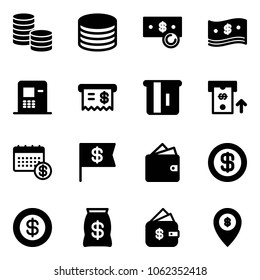 Solid vector icon set - coin vector, cash, atm, receipt, calendar, dollar flag, wallet, money bag, finance management, map pin