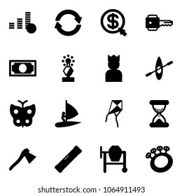 Solid vector icon set - coin vector, exchange, money click, key, award, king, kayak, butterfly, windsurfing, kite, sand clock, axe, level, cocncrete mixer, beanbag