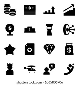 Solid vector icon set - coin vector, dollar, growth arrow, money tree, pedestal, award, solution, star medal, certificate, diamond, bag, king, helicopter, dialog, flying man